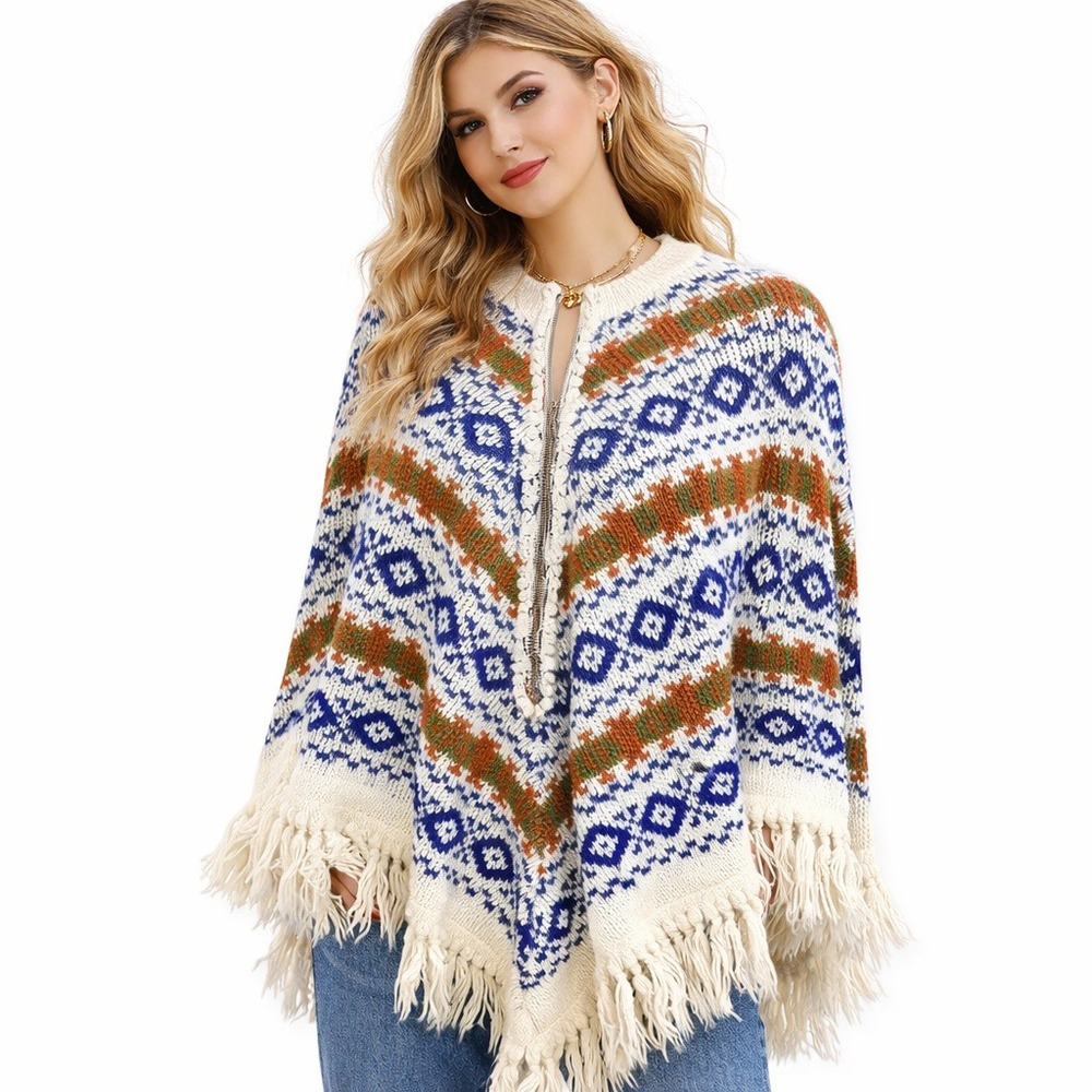 Vintage Tundra Canada Womens Wool Orlon Fair Isle Knitted Poncho Zip Front